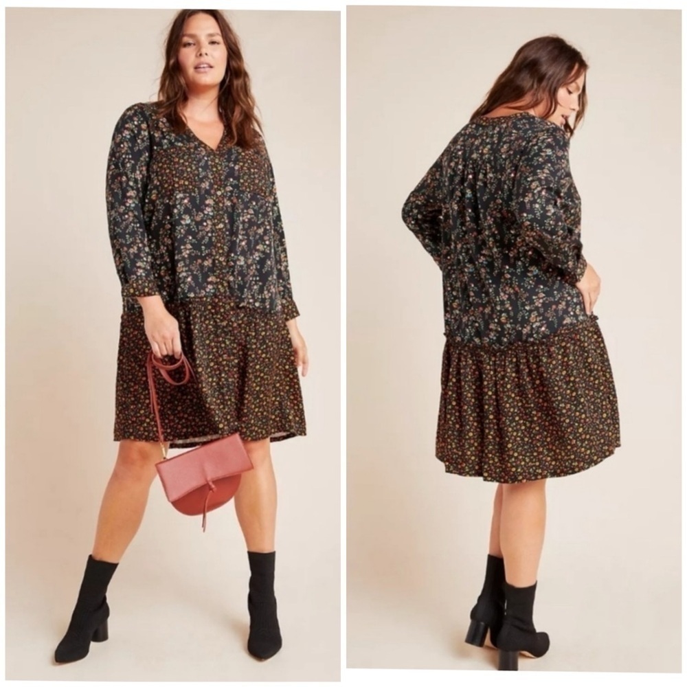 Anthropologie Maeve Women’s Marlie Button-Front Drop Waist Dark Floral Dress 10 - Picture 1 of 9